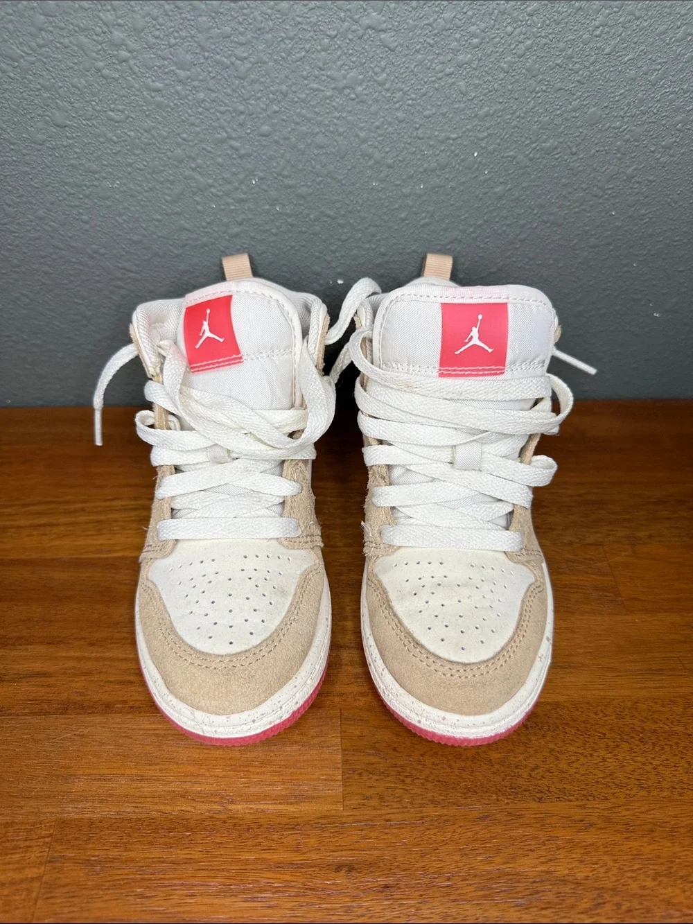 Nike Jordan 1 Mid-Top Sneakers in Beige, White & Pink